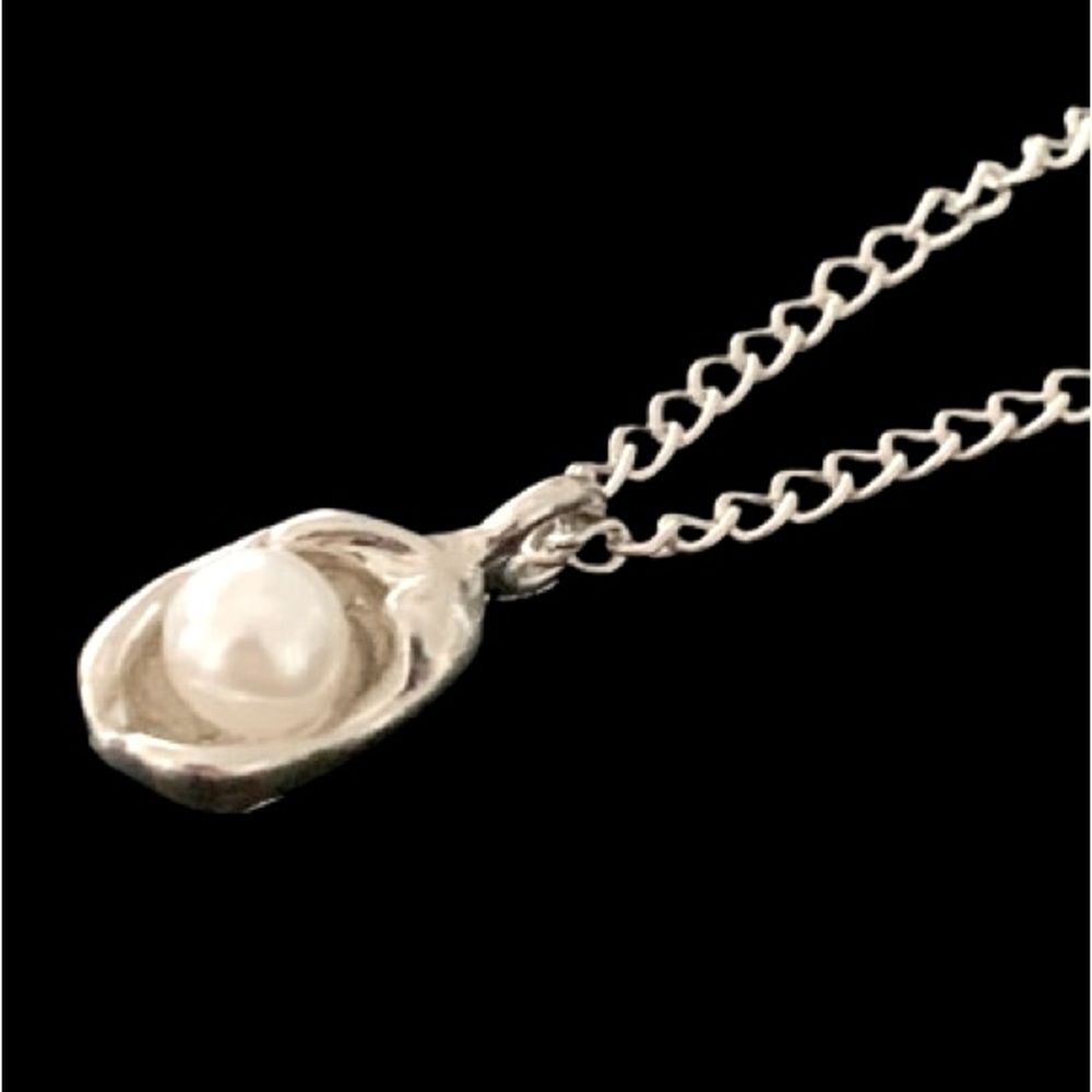 Whimsical Egg in a Nest Pendant Necklace - Silver Tone with Faux Pearl